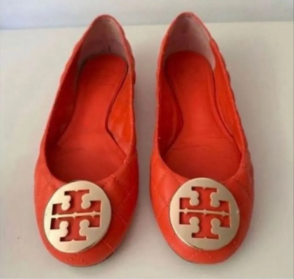 Tory Burch Minnie Quilted Leather Ballet Flats Vibrant Orange Fall Preppy Sz 6.5